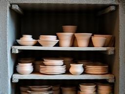 Pottery pieces loaded into a kiln for bisque firing
