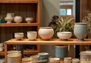 Display of pottery for sale in Waraku Tougei shop